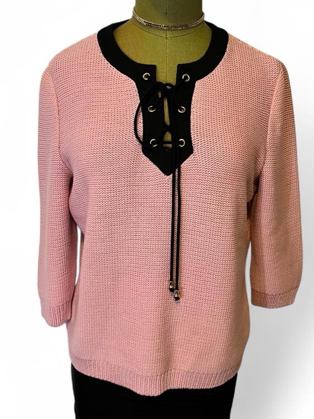 St. John Sport by Marie Gray Pink Knit Pullover with Black Lace-Up Trim